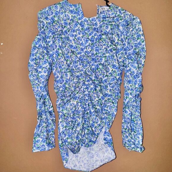 ZARA Women's Floral Print Ruched Blouse Blue Size Small - Picture 1 of 8